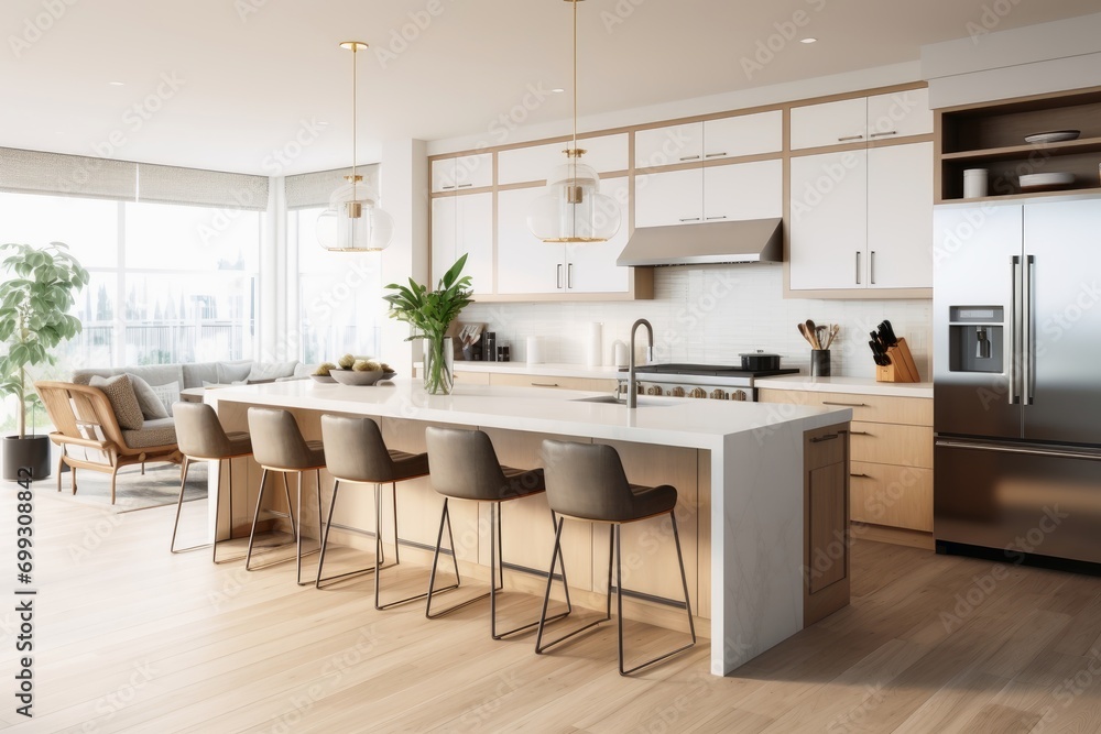 A modern tidy open kitchen with a large kitchen island.