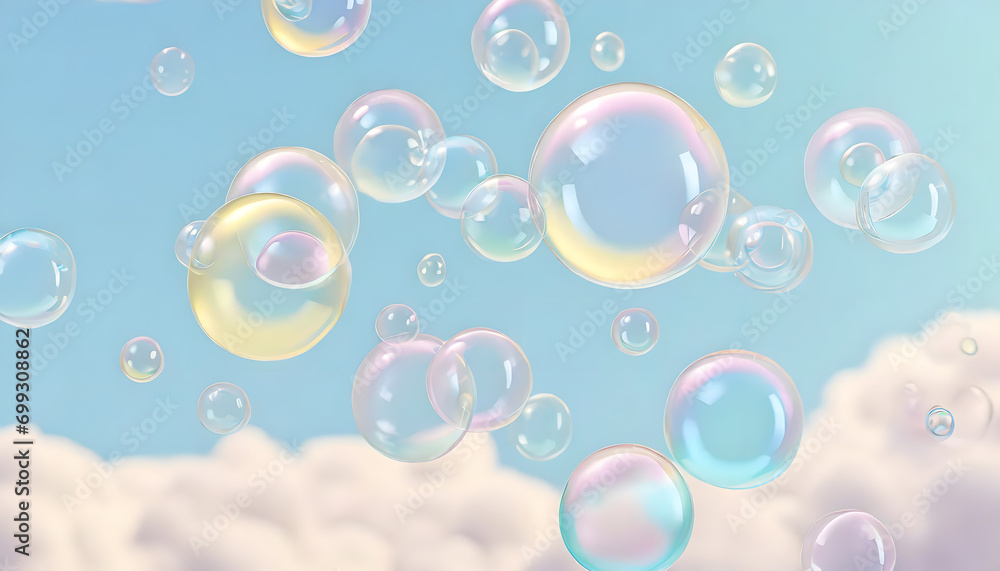 Flying soap bubbles on a pastel background in the clouds, 3D art, colorful, concept art, warm colors