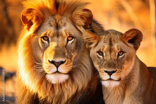 A male and a female lion portrait.