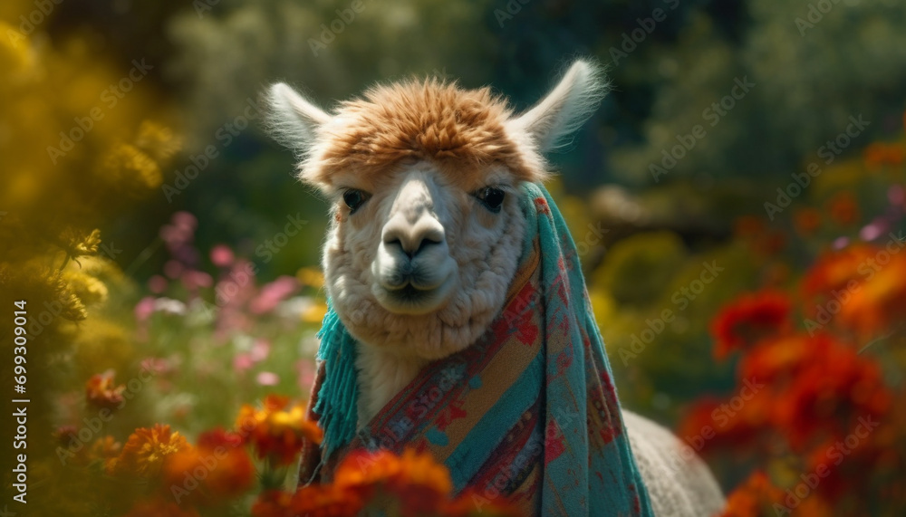 Cute alpaca in the meadow, looking at camera with fur generated by AI Cute alpaca in the meadow, looking at camera with fur generated by AI