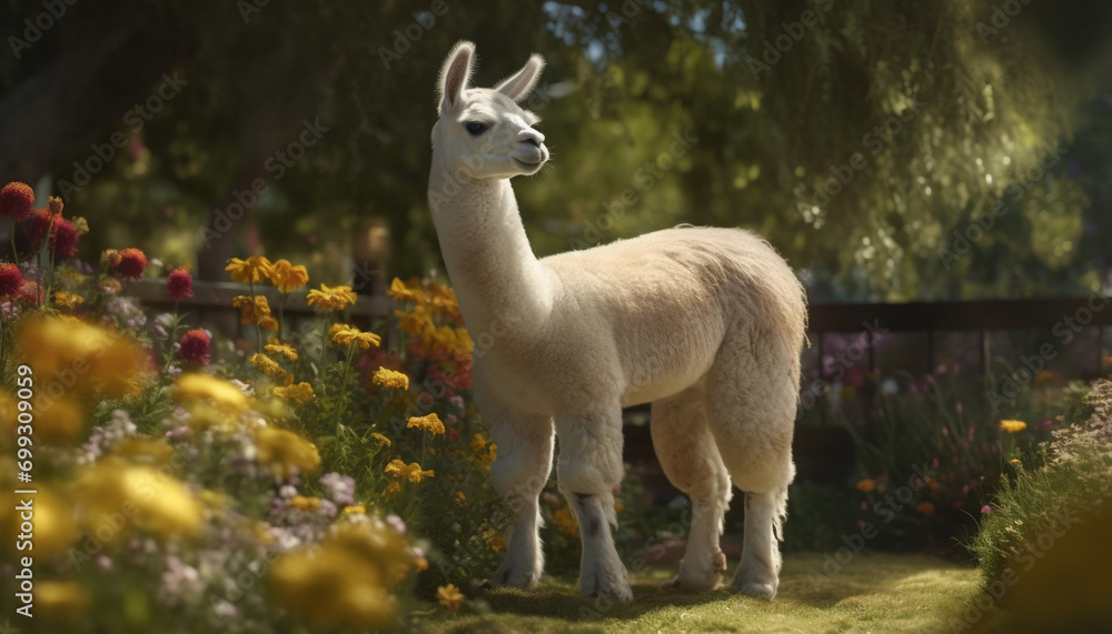 Cute alpaca grazing on green grass in meadow generated by AI