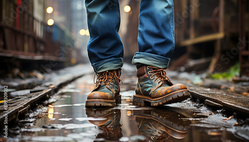 A man wet boot walking on city streets in autumn generated by AI