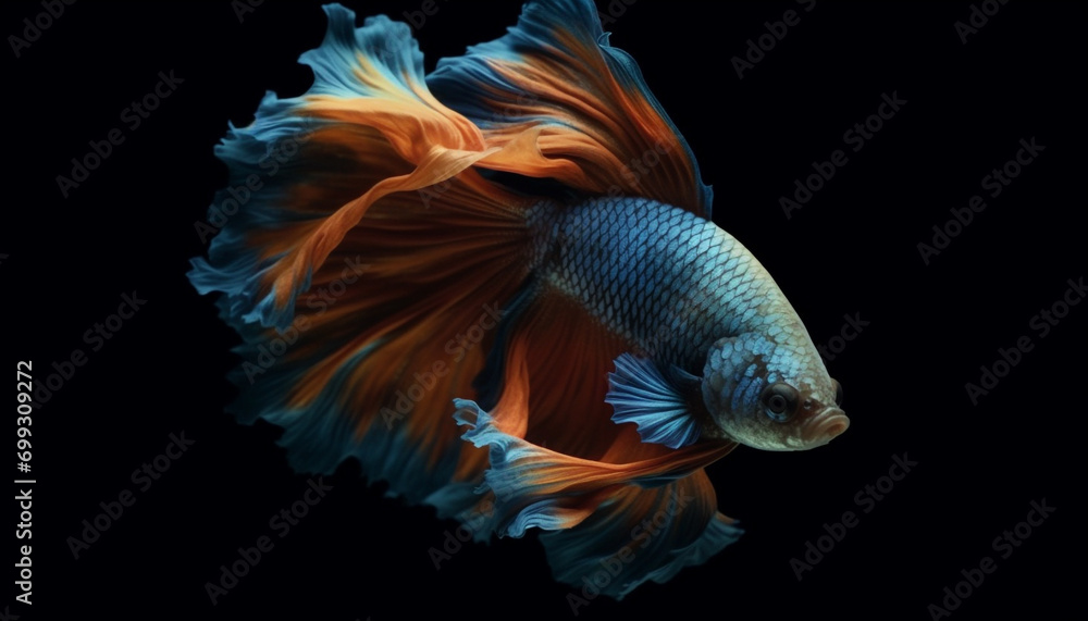 Fototapeta premium The elegant siamese fighting fish swims in a blue aquatic space generated by AI