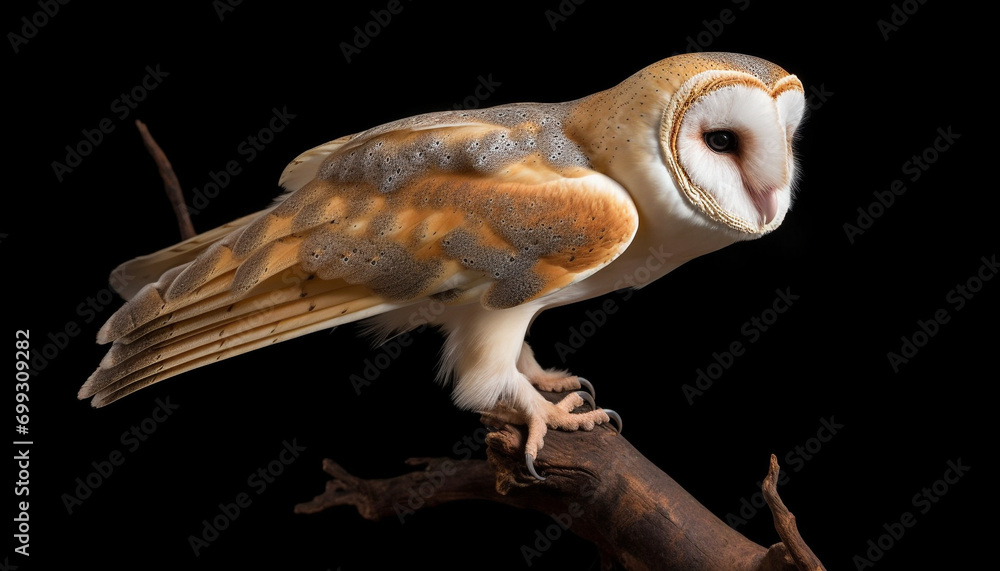Bird of prey perching on branch, close up of animal eye generated by AI