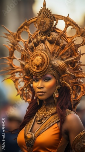 Portrait 9:16 of a beautiful woman in carnival mask with wheel cap decoration on her head, sun or reincarnation symbol, golden divinity, thai, asian or african metis goddess, beauty fashion model idol © Muriel