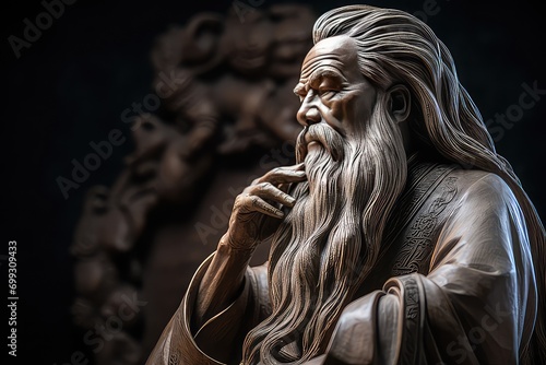 Laozi thinking statue from profile. photo