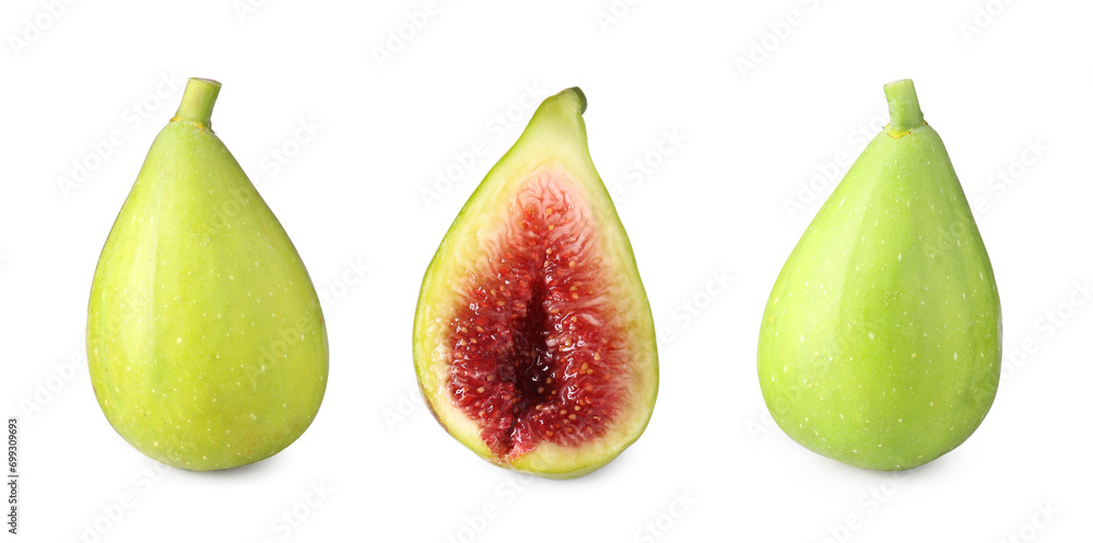 Fresh ripe green figs isolated on white, set Fresh ripe green figs isolated on white, set