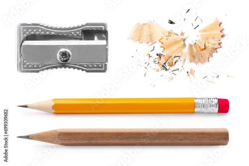 Fotografie Different graphite pencils, sharpener and shavings isolated on white, set