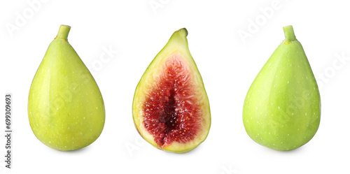 Fresh ripe green figs isolated on white, set