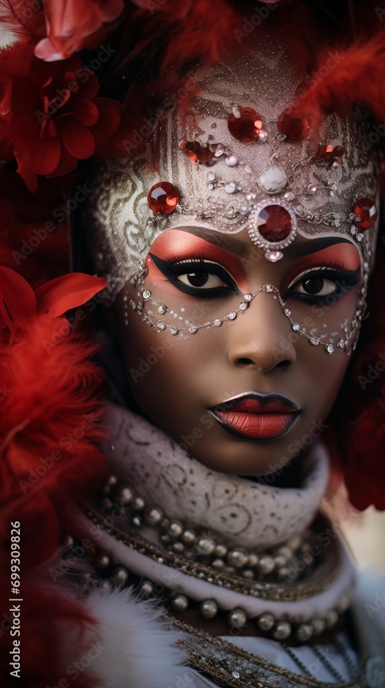 Close-up portrait of a pretty woman with black skin wearing a Venetian carnival mask, makeup and body paint, strass, lipstick, red and white costume with pearls, metal, gemstones, flowers and feathers