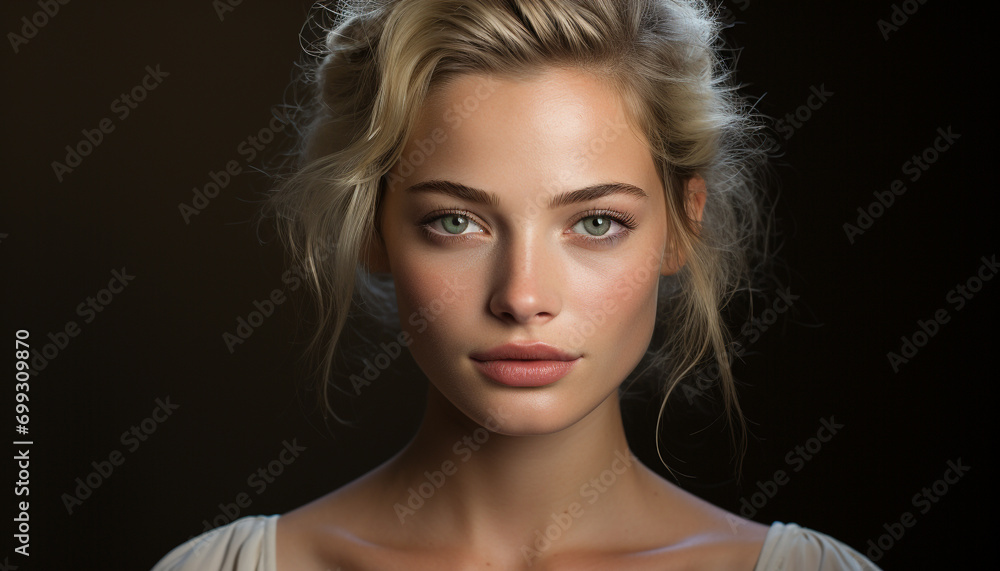 Beautiful young woman with blond hair looking at camera, smiling generated by AI Beautiful young woman with blond hair looking at camera, smiling generated by AI