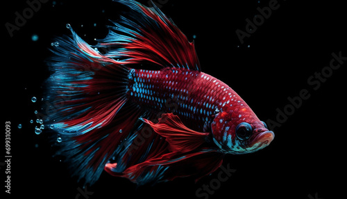 Siamese fighting fish swimming in dark water, displaying vibrant colors generated by AI