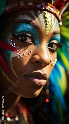 Close-up portrait of a beautiful Brasilian or black African woman in carnival mask, costume, face paint and glitters, colorful cap with blue and green feathers, fantastic amazing beauty with dark skin