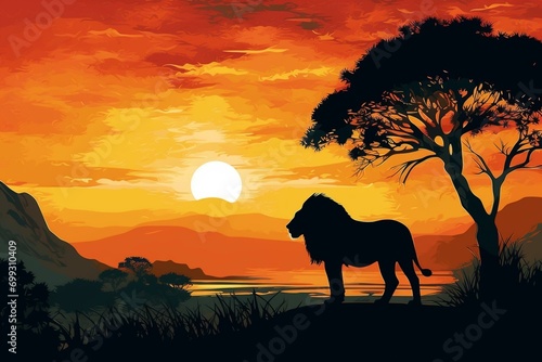 sunset over African landscape with majestic adult lion silhouette. Generative AI