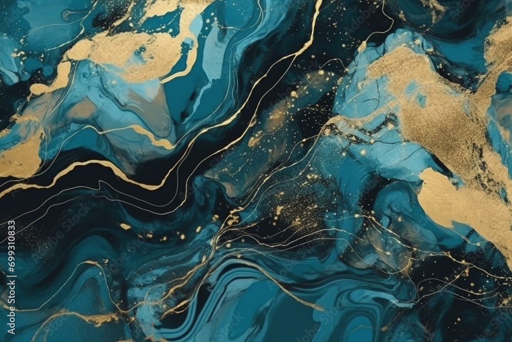 Abstract background with blue marble, gold glitter veins, fake stone texture, painted marbled surface, fashion marbling illustration. Generative AI