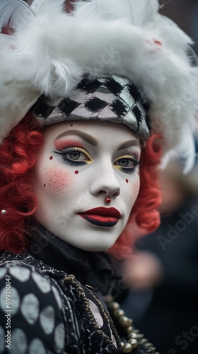 Portrait 16:9 of a woman in costume, doll in a mask, theater play or tale fictional character, beautiful face with grey eyes and red, yellow and black maje-up on white foundation, clown or harlequin photo