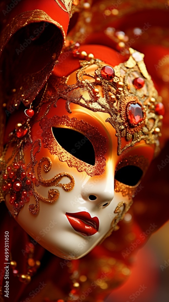 Beautiful 9:16 illustration of venetian carnival mask decorated with red gemstones and gold copper orange glitter, pearls and red lipstick, Venice festival traditional accessory and decorative object