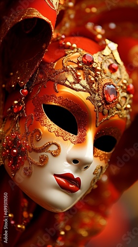 Beautiful 9:16 illustration of venetian carnival mask decorated with red gemstones and gold copper orange glitter, pearls and red lipstick, Venice festival traditional accessory and decorative object