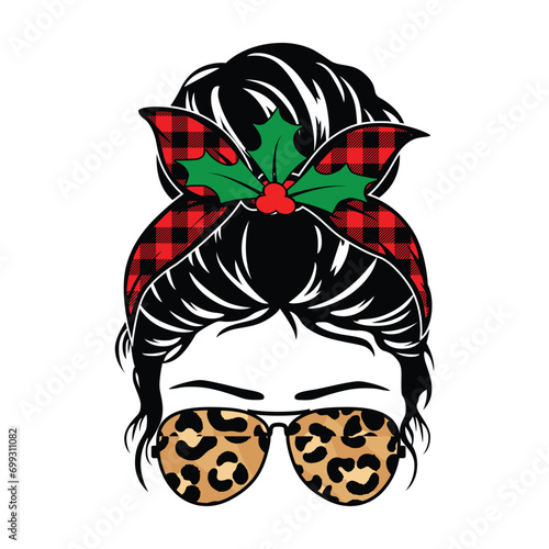 Christmas Messy Bun, Messy Bun Vector, Christmas Shirt Print Template