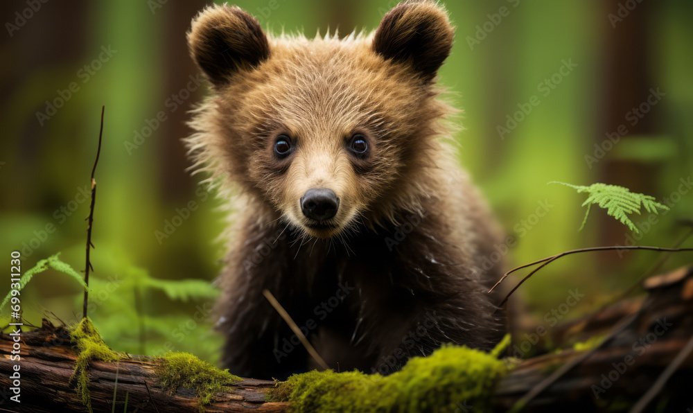 Fototapeta premium Adorable Brown Bear Cub Exploring the Forest, Captured in a Natural Habitat with a Soft-Focused Green Background