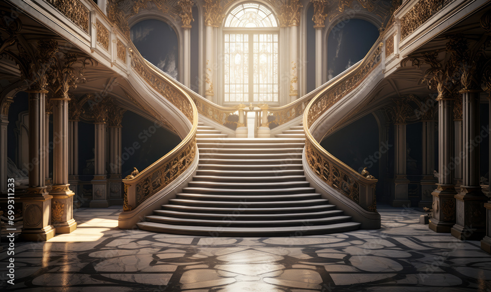 Grandiose double staircase in a luxurious palace with sunlight streaming through large windows - obrazy, fototapety, plakaty 