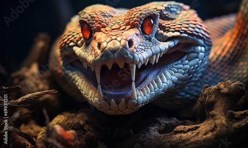 Close-up of a Menacing Rattlesnake Displaying Fangs with Venom Dripping  Symbolizing Danger and Wild Nature