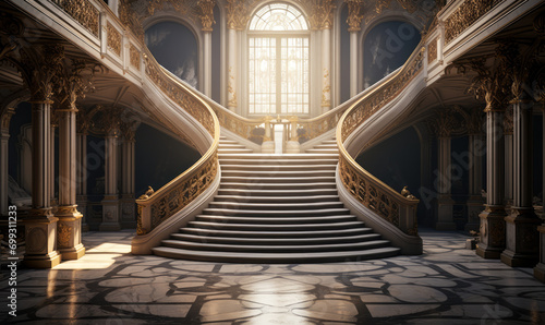 Grandiose double staircase in a luxurious palace with sunlight streaming through large windows