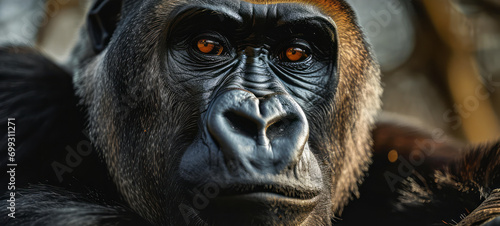 Intense Close-Up Portrait of a Gorilla's Face with Piercing Eyes, Emphasizing the Soulful Intelligence of Wildlife © Bartek