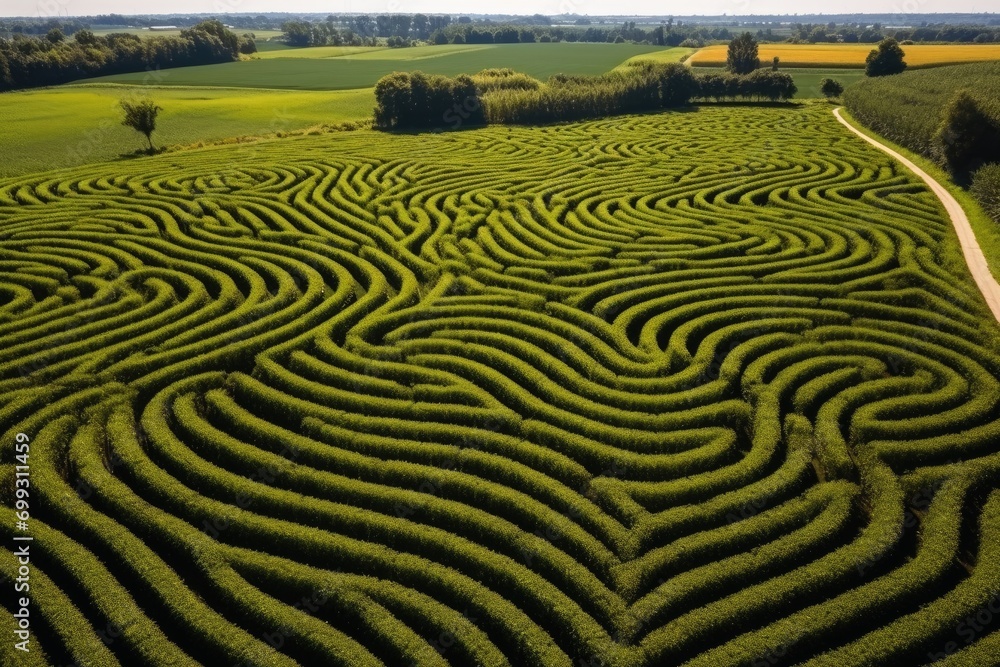 Arial view of a big maze in a corn field.