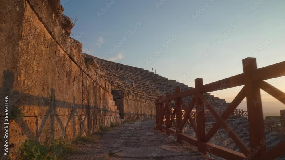 Tribune of an amphitheater made of travertines in Pamukkale during sunset Tribune of an amphitheater made of travertines in Pamukkale during sunset