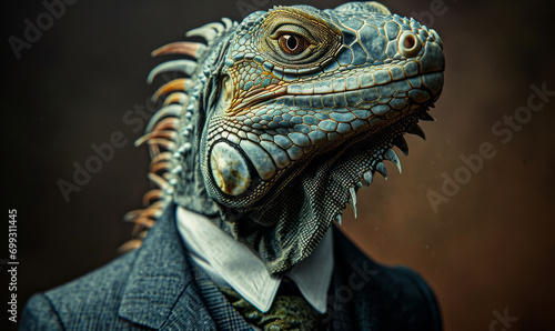 Surreal Portrait of an Iguana in a Business Suit, Conceptualizing a Blend of the Animal Kingdom and Corporate World © Bartek