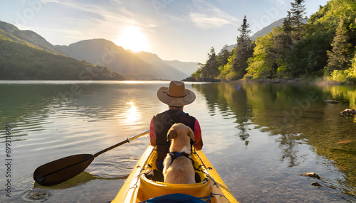 Man or boy with a dog in a kayak. A mountain in the background. Sunset. Nature panorama. Traveling with dog. Taking dog on vacation. On a river, on a lake. Wanderlust. Male Person.