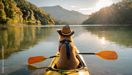 Adventurous dog wearing a hat in a kayak on a lake surrounded by forest. A mountain in the background. Sunset. Nature panorama. Traveling with dog. Taking dog on vacation. On a river, on a lake