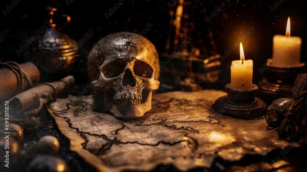 skull and candle, treasure map old vintage map, compass, pirates gold ...