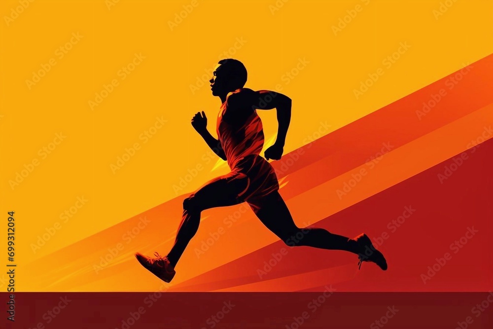 Man running silhouette on yellow red background concept for poster, web banner, advertisement. Runner in motion concept.