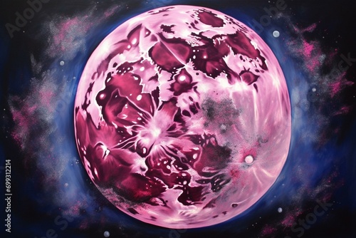Original acrylic painting of a massive pink and purple moon surrounded by stars in a vibrant, celestial space. Generative AI