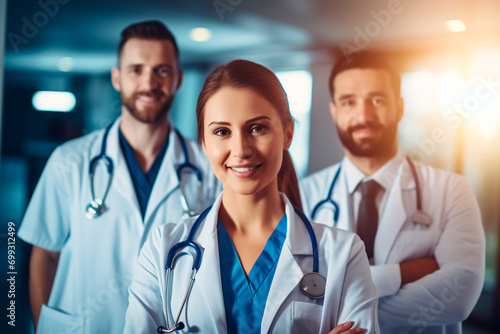 Symbolizing healthcare: a professional team of doctors captured in a hospital setting, bathed in the warm glow of sunlight from behind.
