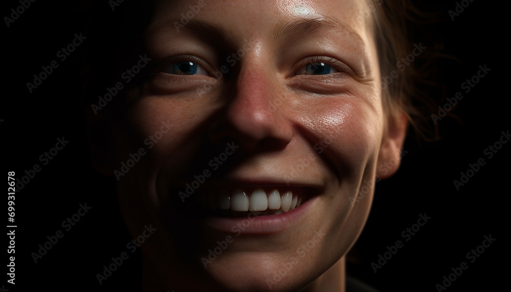 Smiling portrait of one person, a cheerful Caucasian adult generated by AI Smiling portrait of one person, a cheerful Caucasian adult generated by AI