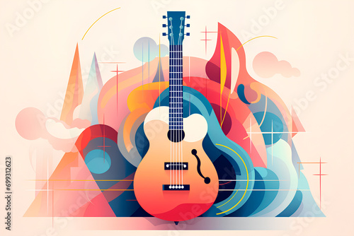 Harmonizing music and art: an abstract, colorful illustration for International World Music Day. Imaginative design featuring guitar and piano instruments in muted pastel hues.
