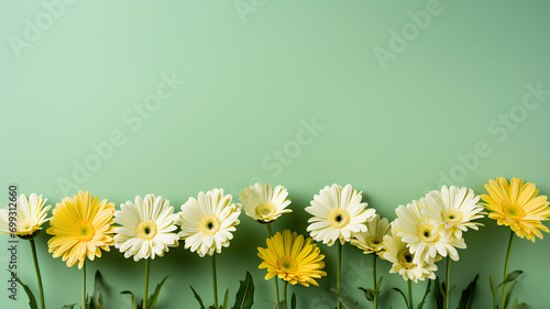 Yellow gerbera flowers on a light-green background with copy space. © Kubira_ph