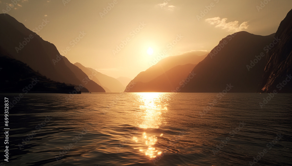 Sunset over the tranquil water, nature beauty reflected in blue generated by AI
