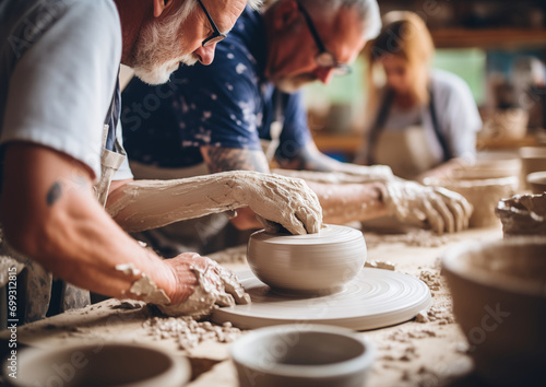 older people do pottery together photo
