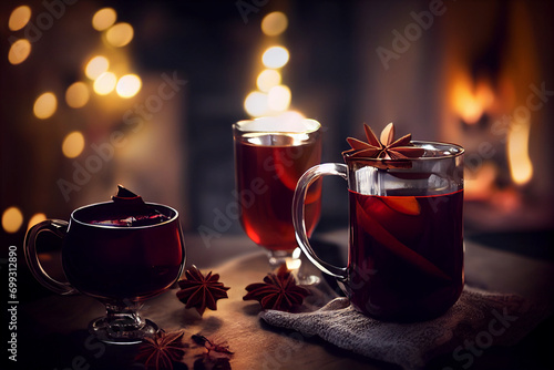 Mulled wine in the glass on the snow table, cozy rustic blurred background, hot drink for cold winter, christmas season new year holiday, red punch in the mug