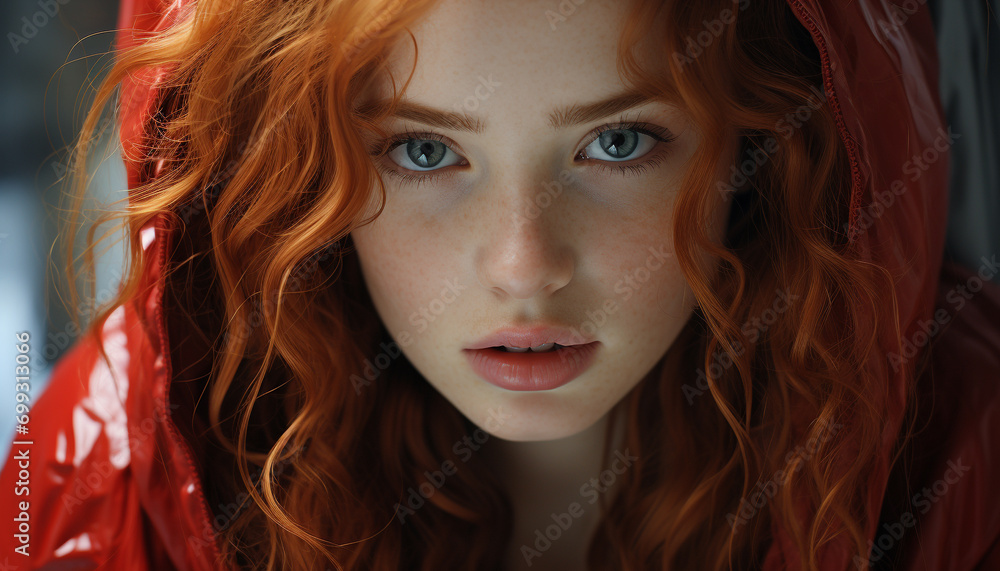 One beautiful woman, redhead, looking at camera, outdoors, smiling generated by AI One beautiful woman, redhead, looking at camera, outdoors, smiling generated by AI