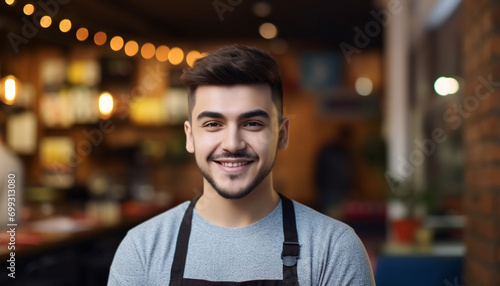 A confident, smiling man, a barista, standing in a coffee shop generated by AI photo