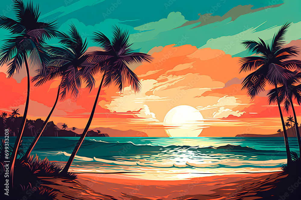 Embarking on a journey of travel and leisure: a retro, vintage minimalist illustration adorned with vibrant colors, depicting a beachscape with palm trees. A nod to the pop-art vintage style.