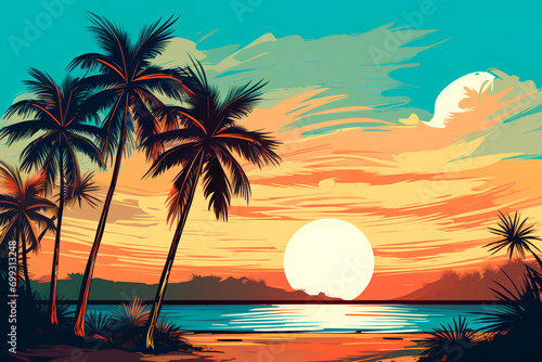 Embarking on a journey of travel and leisure  a retro  vintage minimalist illustration adorned with vibrant colors  depicting a beachscape with palm trees. A nod to the pop-art vintage style.