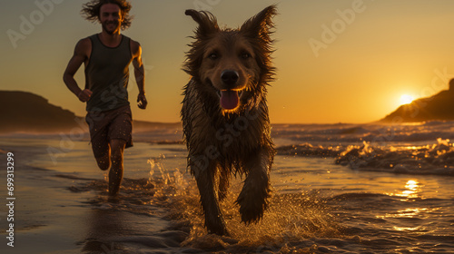 The dog and the young man running along the beach