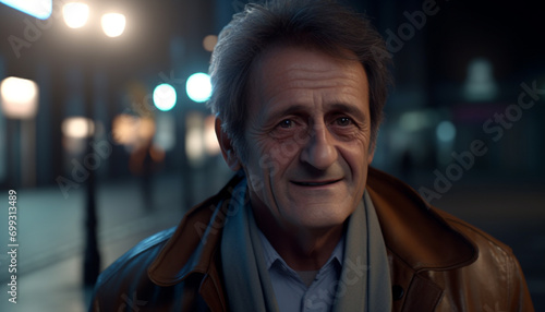 Smiling mature man, confident, outdoors, looking at camera, illuminated city generated by AI
