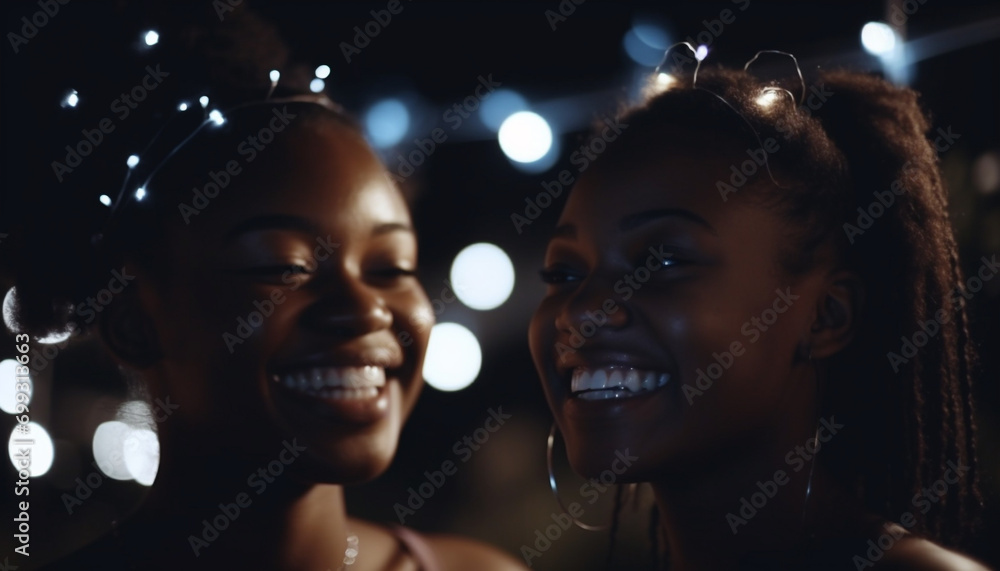 Smiling adult women, young women, young adult, night, cheerful, African ethnicity generated by AI